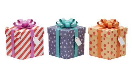 Three colorful gift boxes with bows and tags in a row on a transparent background studio shot render