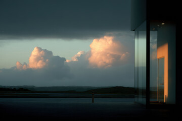 warm glow from window in cozy library surrounded by dark clouds in night sky