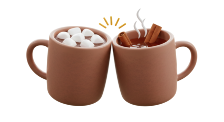 Two mugs of hot chocolate with marshmallows and cinnamon sticks clinking together in celebration