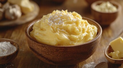 Creamy, light yellow food in wooden bowl