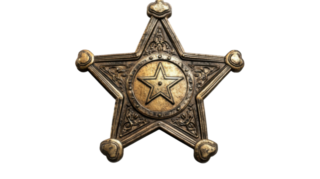 Antique brass door knocker in star shape featuring vintage metal texture classic craftsmanship and ornamental detail for historical architecture and rustic charm isolated on white background