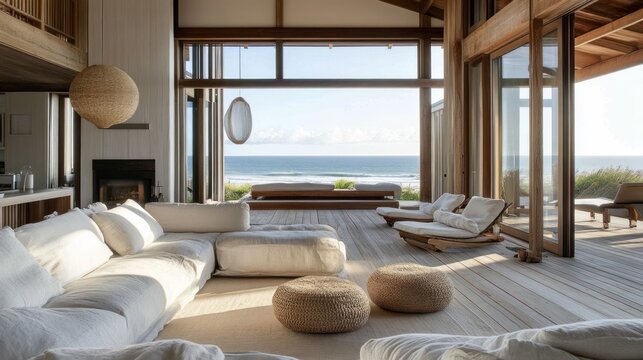 Sunlit coastal retreat with panoramic ocean views and relaxed, earthy modern design - Powered by Adobe