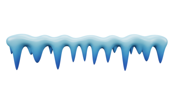 A row of blue and white icicles hanging down against in a horizontal orientation