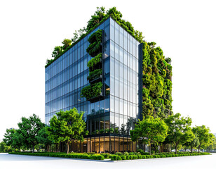 Sustainable Glass Skyscraper with Vertical Garden and Tree-Lined Street, Isolated on White