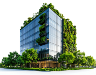 Sustainable Glass Skyscraper with Vertical Garden and Tree-Lined Street, Isolated on White