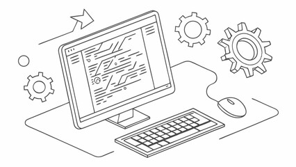 Software Development and Programming Concept with Computer and Gears - Line Art Illustration