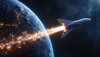 Obraz premium Spacecraft Launching into Orbit Above a Planet