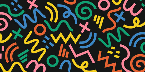 Memphis geometric seamless pattern. Pink pastel abstract background in retro 80s, 90s style with various shapes: circles, semicircles, dots, zigzags, spirals, wavy lines. vector