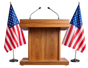 Classic Wooden Podium with Twin American Flags and Empty Microphones, Centered Composition with Copy Space, Isolated on Transparent Background
