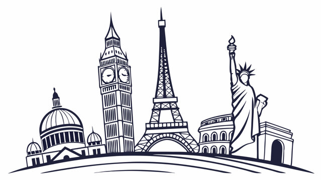 Global City Landmarks Outline. Famous Travel Destinations Skyline Line Art Illustration.