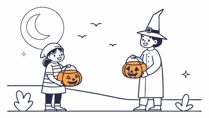Fototapeta premium Happy children in Halloween costumes trick-or-treating with pumpkin buckets under a crescent moon, festive holiday illustration