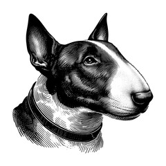 Hand-drawn engraving of a bull terrier dog in profile  - headshot