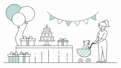 Baby Shower Celebration Illustration with Gifts, Cake, Balloons, and Woman with Stroller