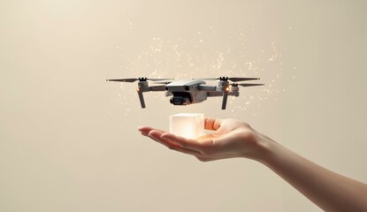 A hand holding a glowing cup with a drone hovering above it, emitting sparkles.