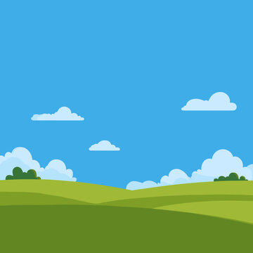 Minimalist vector cartoon of a green field under blue sky with flat design, basic shapes, and clean lines in cute simple style