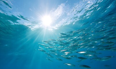 massive shimmering school of sardines swirling in clear tropical blue water, Generative AI