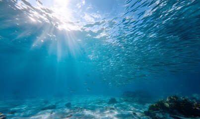 Naklejka premium massive shimmering school of sardines swirling in clear tropical blue water, Generative AI
