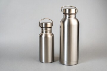 Two stainless steel water bottles of different sizes stand upright against a plain grey background