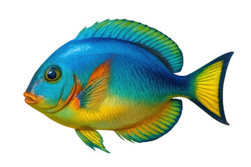 Fototapeta premium Vivid tropical reef fish displaying blue, yellow, orange coloration, swimming against transparent backdrop, highlighting marine biodiversity