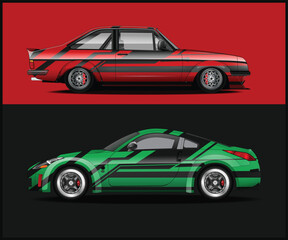 Two Customized Cars with Bold Graphic Designs Against Contrasting Backgrounds