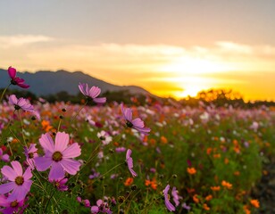 Fototapeta premium Colorful cosmos flowers at sunset (1)