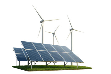 Solar panels and wind turbines on green grass against Isolyate on transparent background 