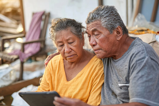 Elderly Latina couple reviews flood damage photos on a tablet while seated on their porch, surrounded by drying furniture and damp walls in the golden afternoon light