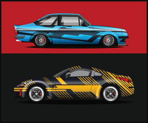 Two stylized cars with custom paint jobs on a split colored background
