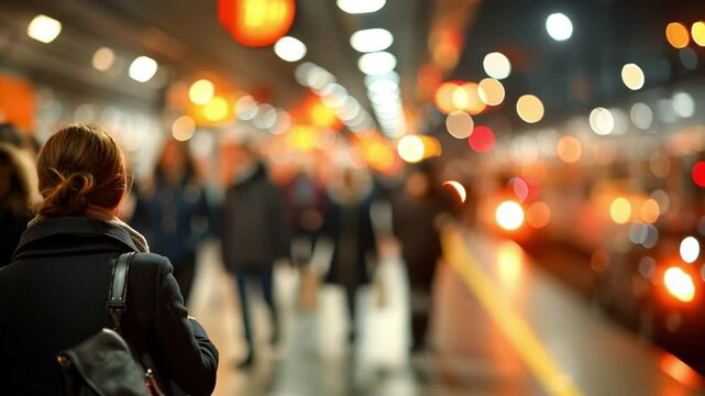 bokeh background of subway station lights and passing people, ambient city sound implied