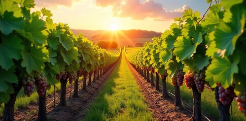 Sun-Drenched Vineyard at Harvest Rows of Ripe Grapes Stretching to the Horizon