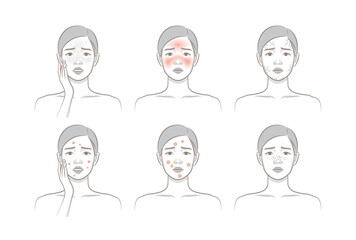 Woman's cosmetic skin trouble_Female character with freckle, blush, dryness, papule, pastule, blackhead