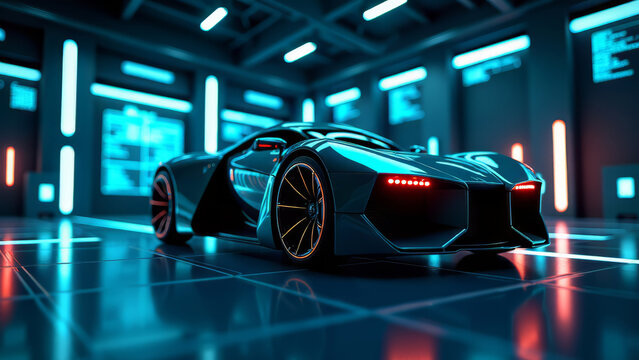Futuristic sports car in cyberpunk garage
