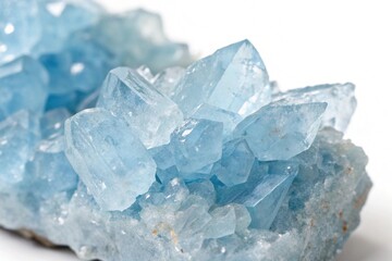 Obraz premium Blue celestine crystals with sharp edges sparkle against a white background in a close-up view