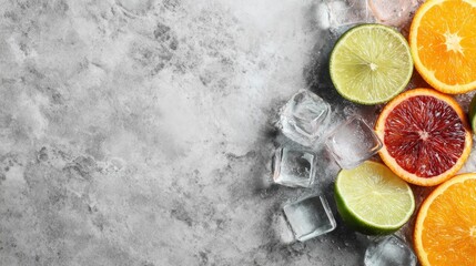 Assorted Citrus Fruits With Ice On Gray Background