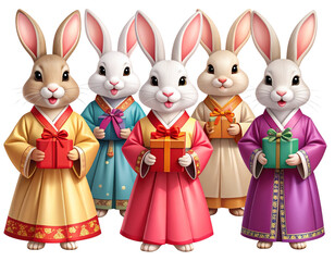Cute Realistic Rabbits in Traditional Hanbok for Chuseok Celebration, Transparent Background