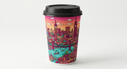 Colorful travel mug with london cityscape illustration