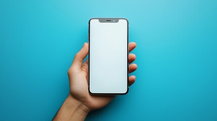 Secure smartphone held on blue background: minimalism, copy space
