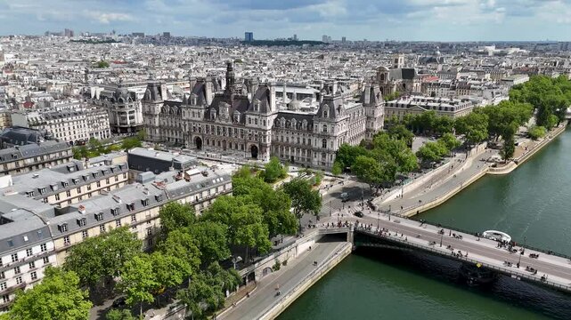 City Hall In Paris France Island France. Aerial View Of Famous Governement Building Of The Country. Town Sky Backgrounds Urban. Town Outside Downtown Panning Wide. Paris France Island.