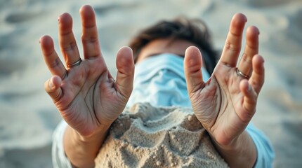 Man on beach with hands reaching up towards the blue summer sky.