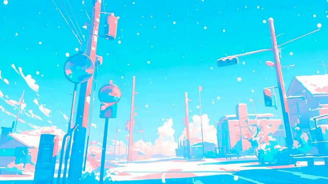 雪が降り積もる町中の道路のイラスト風景
