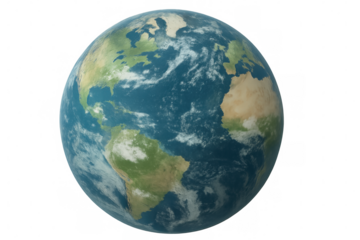 Detailed 3d rendering of rotating planet earth, showcasing north and south americas, partial african continent, atlantic ocean waters against transparent backdrop