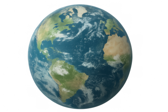 Detailed 3d rendering of rotating planet earth, showcasing north and south americas, partial african continent, atlantic ocean waters against transparent backdrop