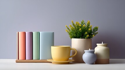 Compact workspace for creatives, A pastel-colored coffee cup with saucer, small ceramic jars, a potted plant, and pastel books on a minimalist white surface against a gray background.