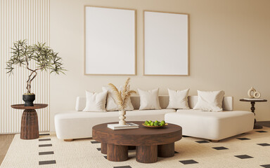 Bedroom Poster Frame Mockup on Wood Panel Wall in Japandi Minimalist Interior with Soft Textures