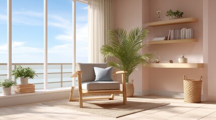 Compact workspace for creatives, A cozy living room corner with a wooden armchair, potted plants, floating shelves, and large windows offering a serene sea view.