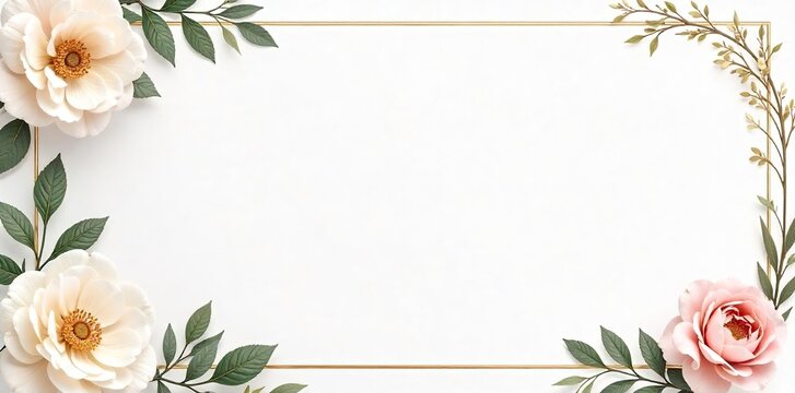 Elegant white wedding template with gold accents, perfect for customizable invitations or stationery design Floral details and minimalist aesthetic , floral, stationery, elegant