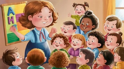 An illustration of a teacher and a diverse group of happy students learning together in a bright, colorful classroom - Powered by Adobe