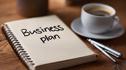 Business plan notebook on wooden table with coffee and pens in warm cozy setting