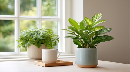 Compact workspace for creatives, Two potted houseplants and a white cup sit on a clean white surface by a bright window with green foliage outside.