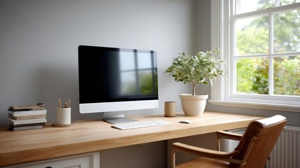 Fototapeta premium Compact workspace for creatives, A minimalist home office setup featuring a computer, potted plant, books, and a wooden desk by a large window with natural light.
